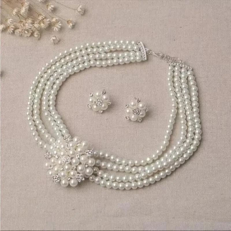 Collana da Sposa con Strass e Perle Finte con Orecchini a Perno, Perfetta per Matrimoni e Feste