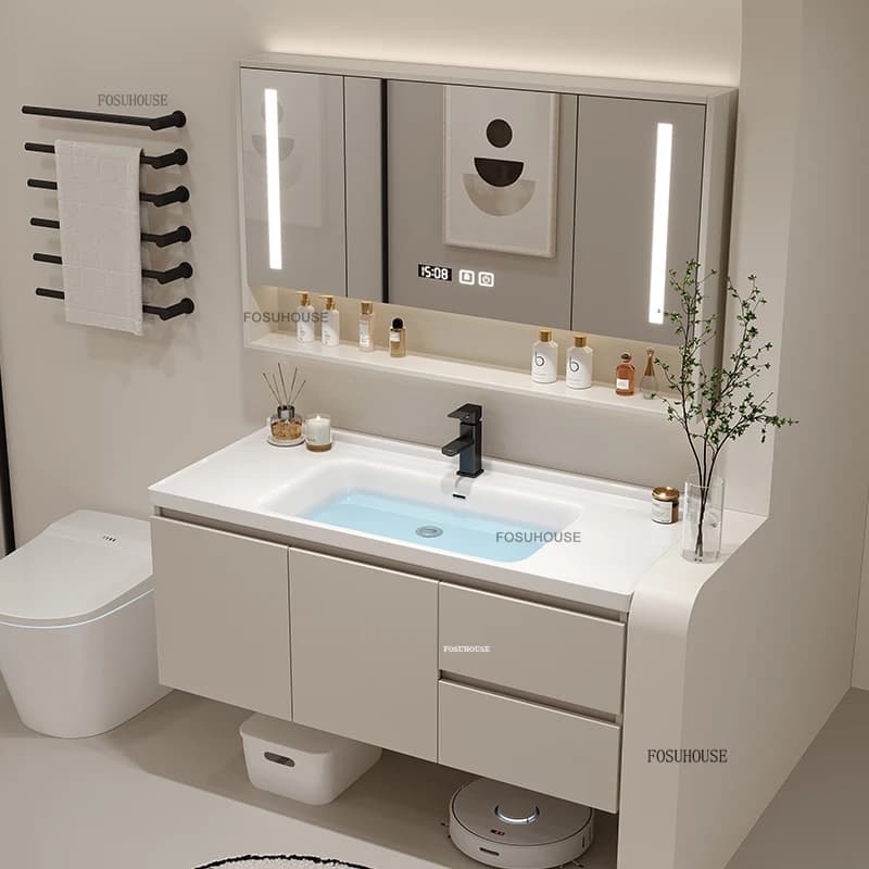 Set di Armadietti a Specchio Intelligenti in Legno Massello, Mobili Creativi per Bagno, Mobile Lavabo con Vano Contenitore, Armadietti da Bagno in Stile Nordico Crema