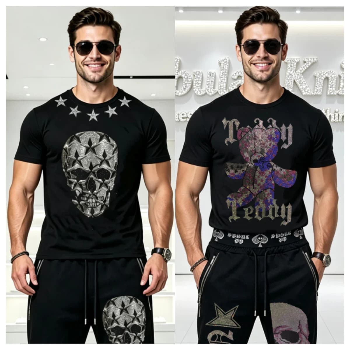 Men Summer Streetwear Casual T-Shirt Pure Cotton O-Neck Short Sleeve Soft Comfort Luxury Crystal Rhinestone Decor Tee