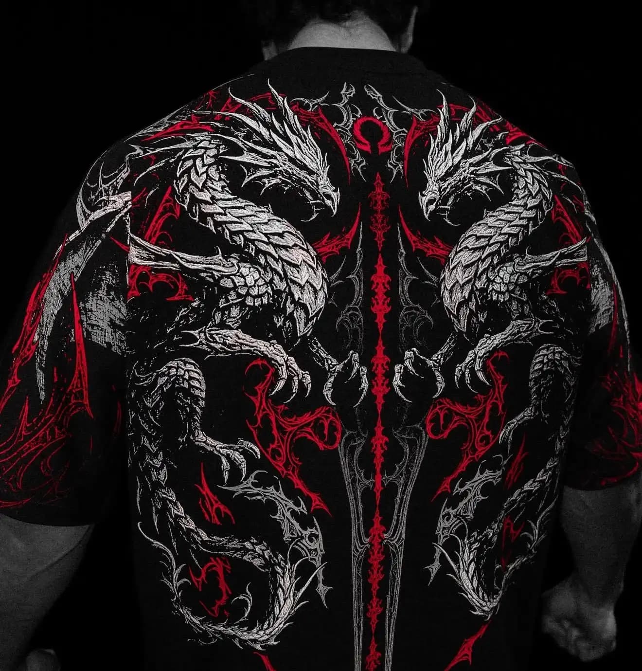 Men's Double Dragon Pattern T-shirt Gothic Dreamy Dragon Back Printed Dark Metal Street Wear Loose Short Sleeve T-shirt