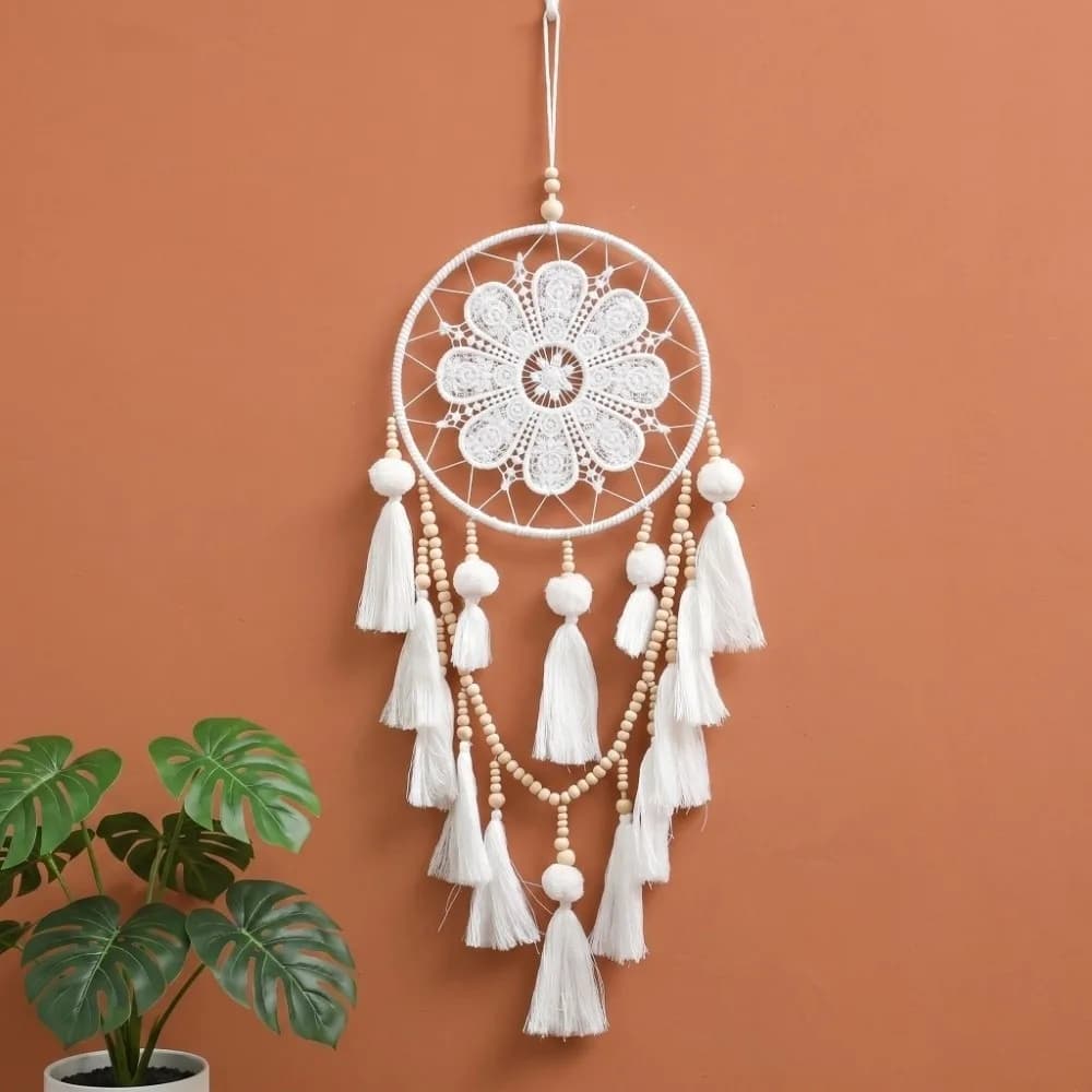 Wall Pendant 25.6inch Macrame Dream Catcher White Wooden Beads Dream Catcher Macrame Tassels Wall Hanging Wedding Ornament