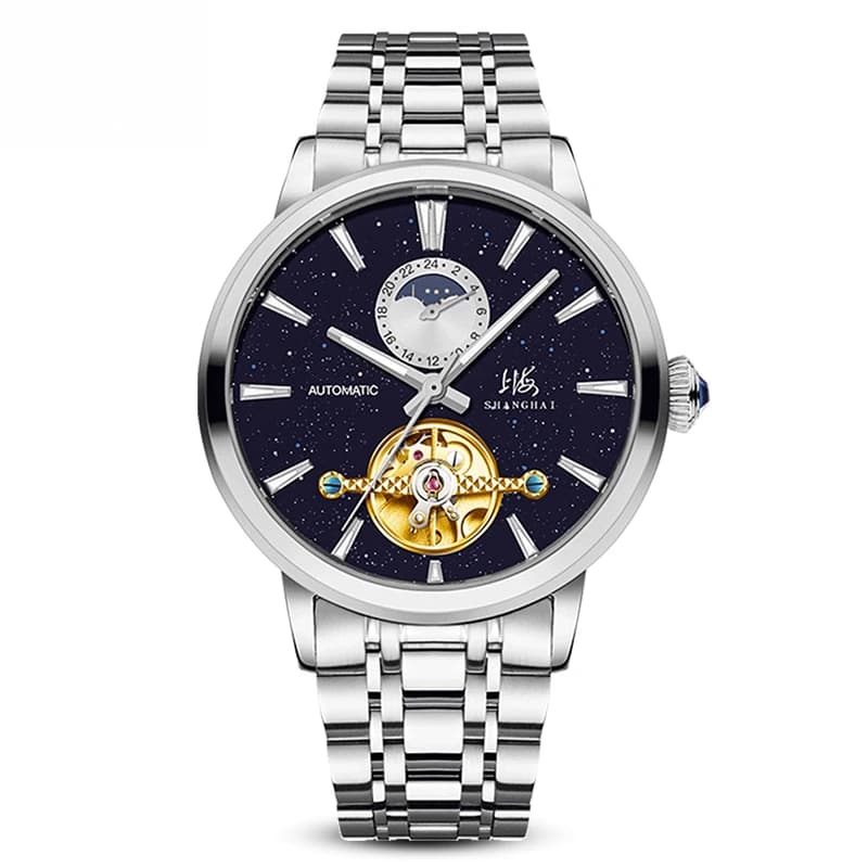 Orologio Meccanico da Uomo Shanghai Watch Serie Nazionale con Pendolo a Vista, Cinturino in Acciaio e Pietra Oro Sabbia 6009