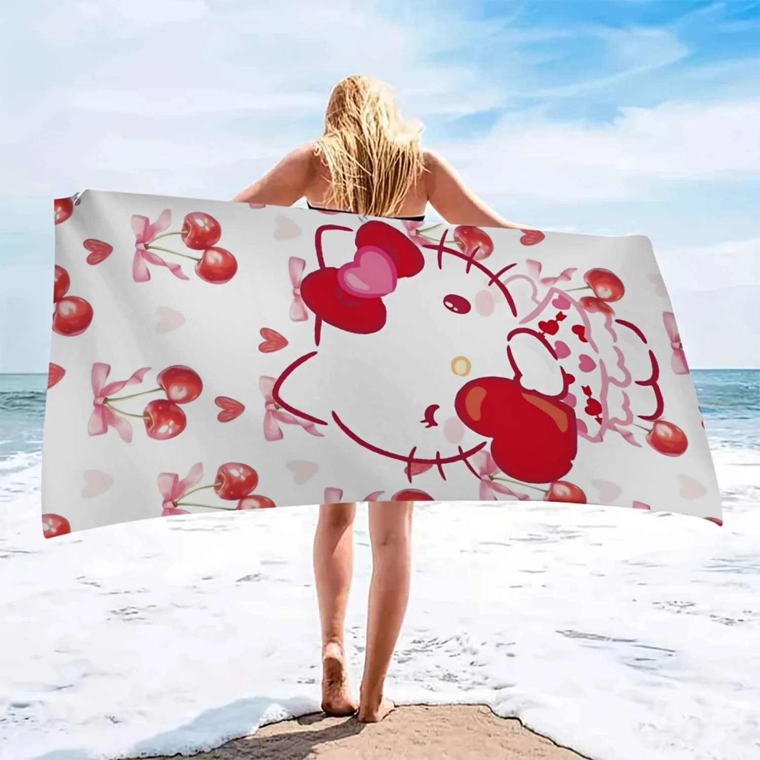 Asciugamano da spiaggia con stampa cartoon Sanrio, 1 pezzo, motivo a cuore di ciliegia Hello Kitty, materiale resistente, adatto per yoga, viaggi, nuoto