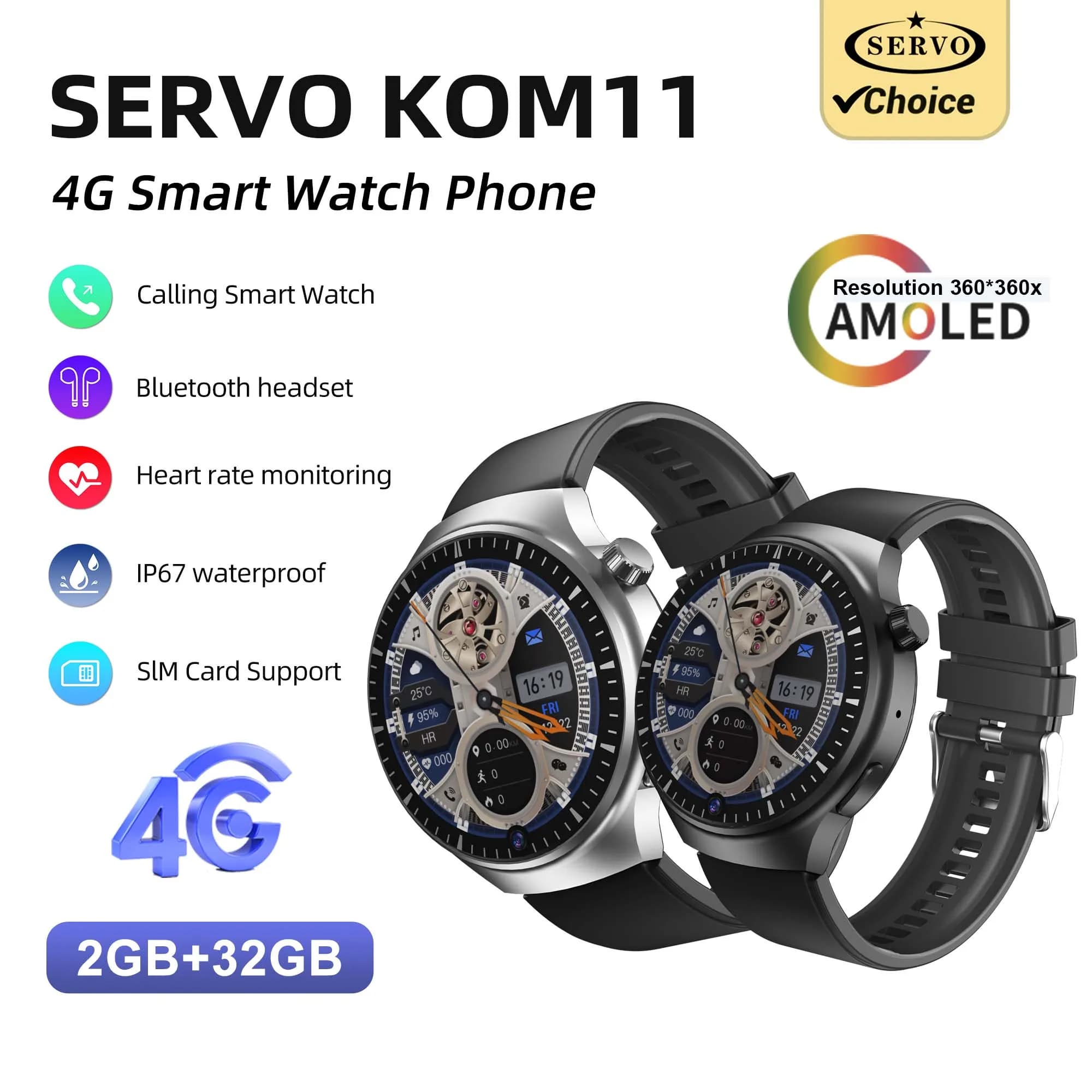 SERVO KOM11 4G Smart Watch Phone 1.62" Large Screen Waterproof NFC GPS WiFi Camera Android 8.1 SIM Cell Watch Heart Rate Monitor