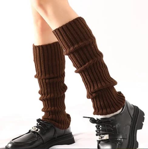 Women’s Slouchy Rib‑Knitted Leg Warmers Solid‑Brown Loose Stacked Calf‑High Socks for Matching Loafers