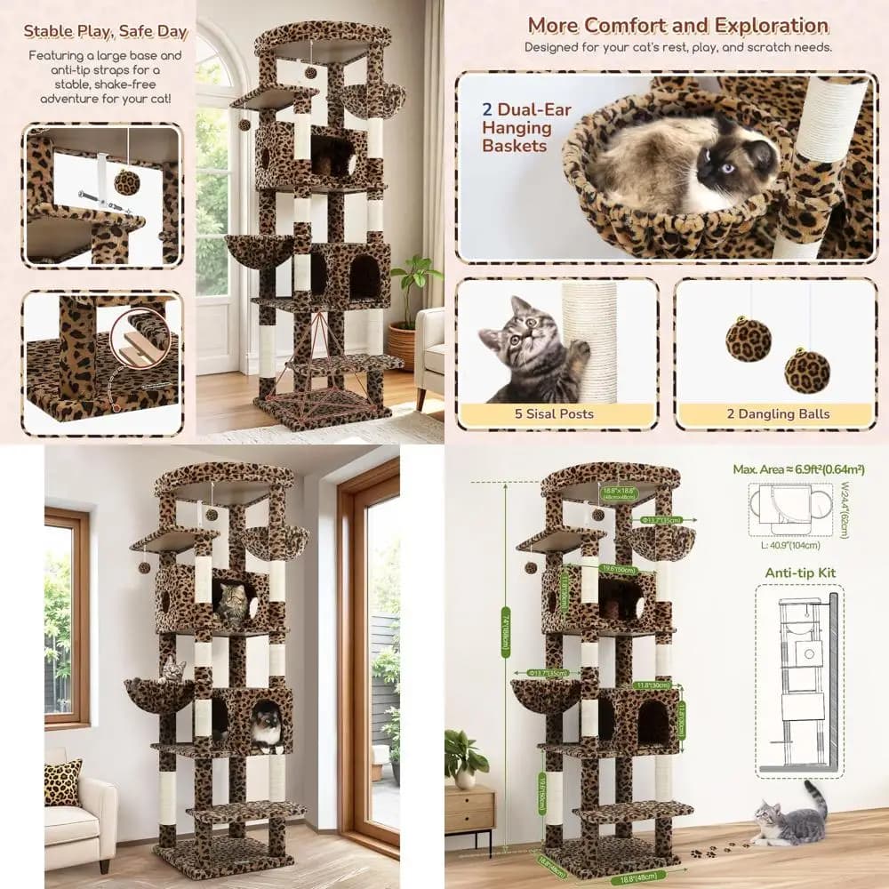 Robusta Torre per Gatti 74 con 7 Pali in Sisal, 2 Cucce Imbottite, 2 Cesti e Postazione Superiore, Stampa Leopardata