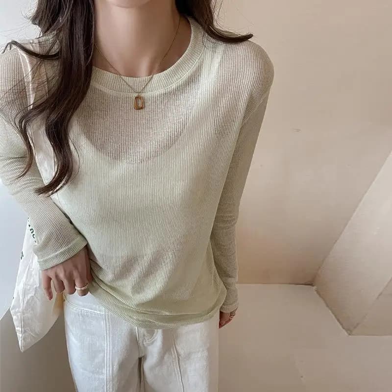 Women's Sunscreen Transparent Cover Shirt round Neck Long Sleeve Casual Comfortable Fashionable Ladies T-shirt