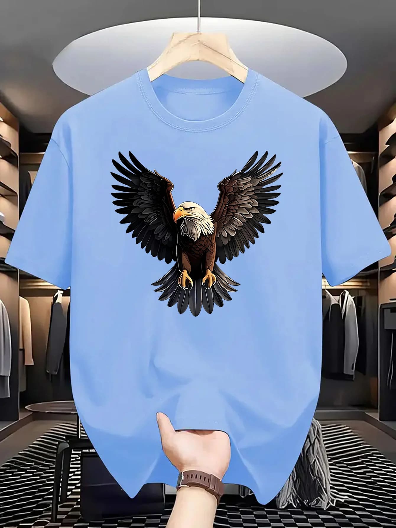 T-shirt estiva da uomo in 100% puro cotone con stampa di un'aquila marina dai piume bianche, casual, sportiva, con scollo rotondo e maniche corte.