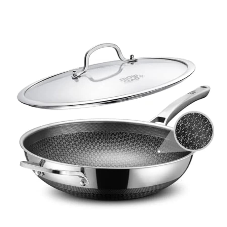 Padella Wok Ibrida da 13 Pollici Antiaderente in Acciaio Inossidabile con Coperchio, Senza PFOA, Lavabile in Lavastoviglie, Compatibile con Induzione, Forno e Griglia