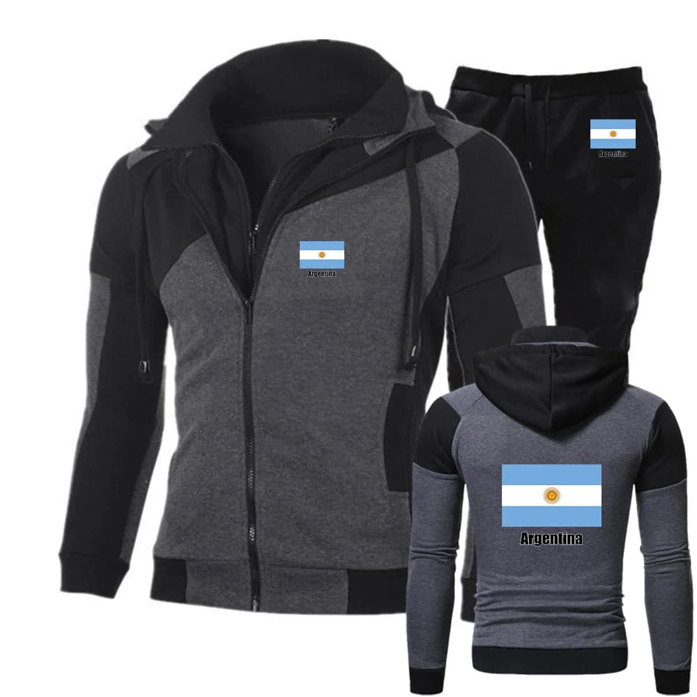 2026 Argentine Flag Print Spring And Autumn Men's New Football Team Print Diagonal Zipper Hoodie Causal Trouser Simplicity Suit