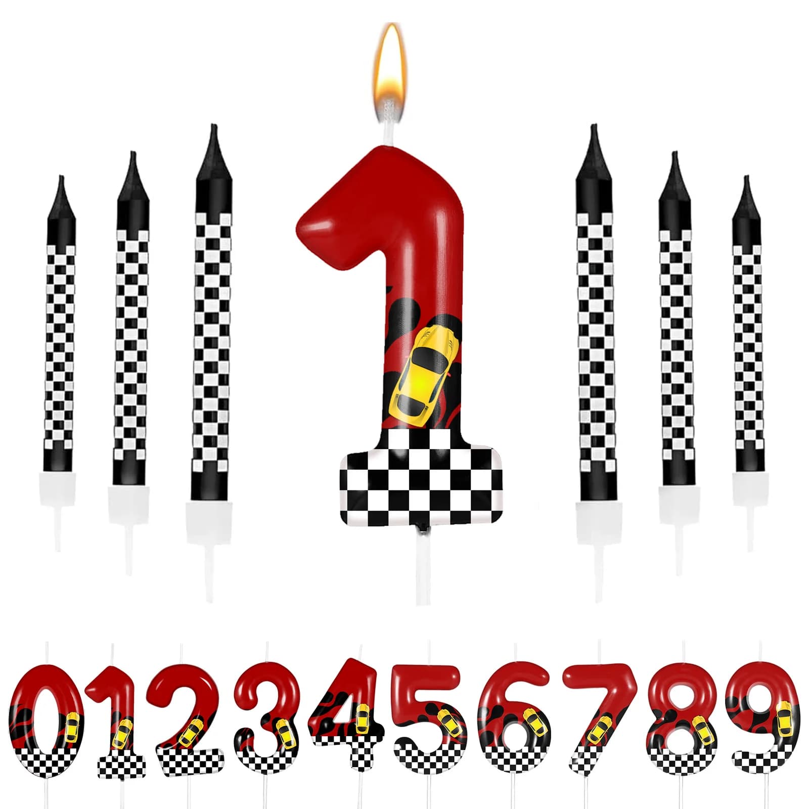 7 Birthday Pieces Theme Red Running Cars For Cake Candles, Number 0 1 2 3 4 5 6 7 8 9 10 Candle Birthday Cake Topper