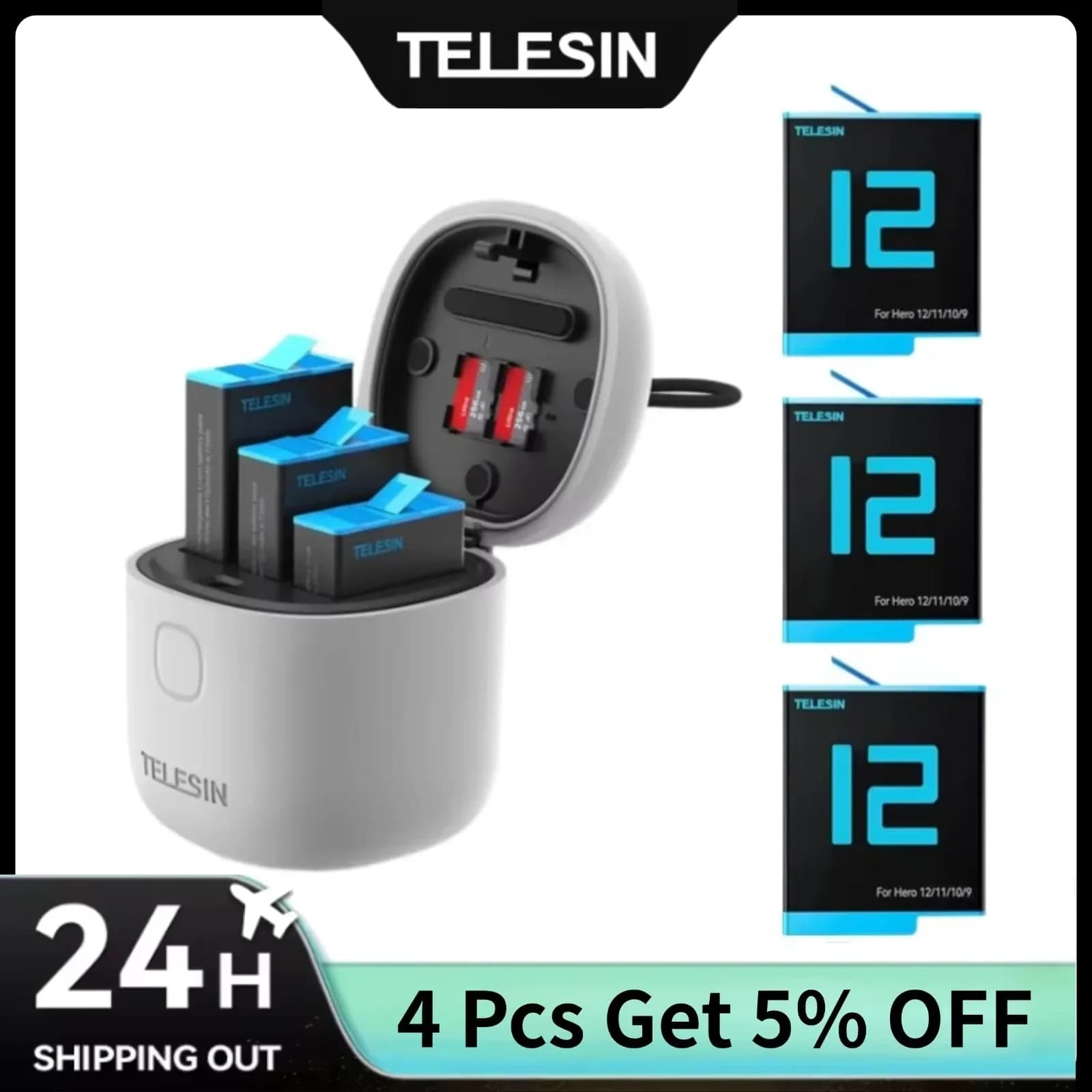 TELESIN Fast Charging Box and Batteries Set for Gopro Hero 12 11 10 9 Black TF Cards Reader Storage Charger Gopro Accessories