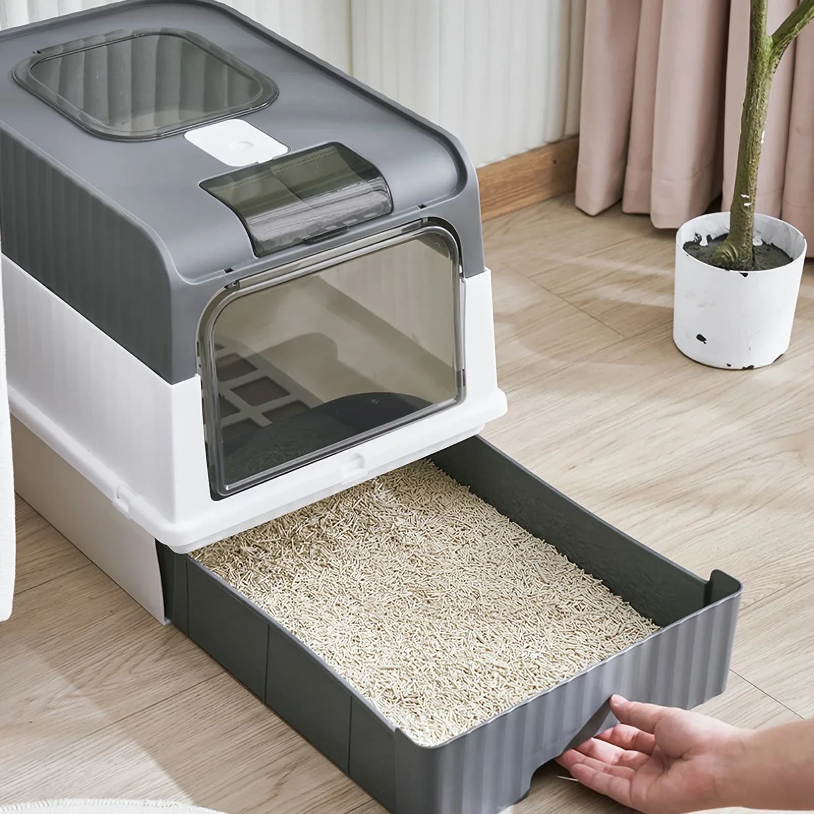 Lettiera per gatti pieghevole portatile con paraspruzzi e paletta in plastica-lettiera per animali domestici con coperchio, facile da pulire e montare