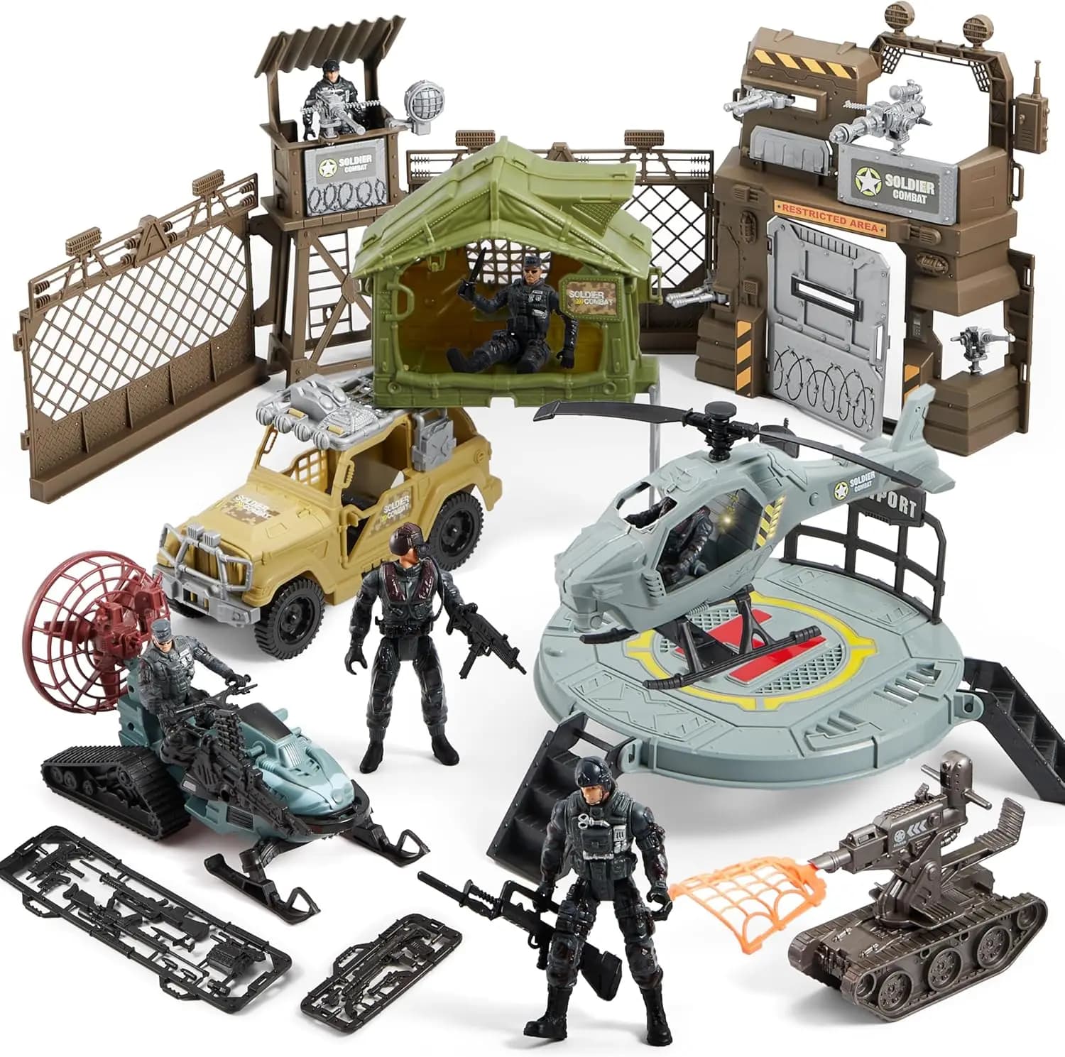 JOYFY Set di giocattoli militari con base militare, veicoli Action Figures Accessori per armi Elicottero per bambini Regalo di compleanno di Natale