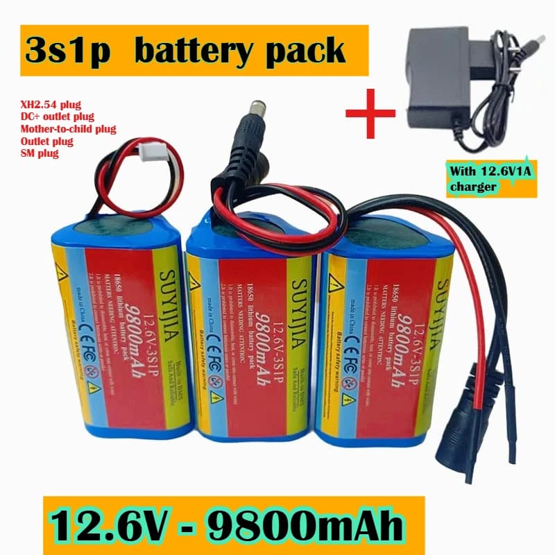 Batteria ricaricabile agli ioni di litio 3s1p 9800mAh 12V 12.6V/11.1V 18650 per CCTV, telecamere, pistole a fascia, alimentazione di backup + caricabatterie