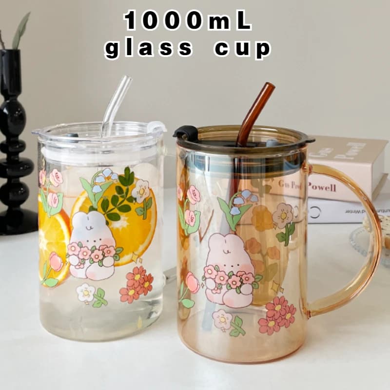 1000ml Cute Bunny Glass Cup con coperchio Straw Kawaii Coffee Mugs Big Milk Beer Wine bicchieri acqua Juice Cup Drinkware Gift