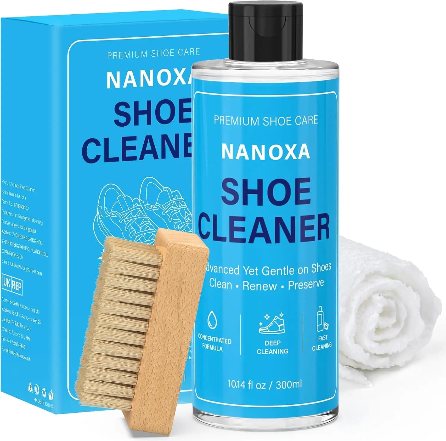 Kit Premium per la Pulizia delle Scarpe, 300 ml con Spazzola e Asciugamano, Sicuro per Scarpe Bianche, Pelle, Stivali e Altro