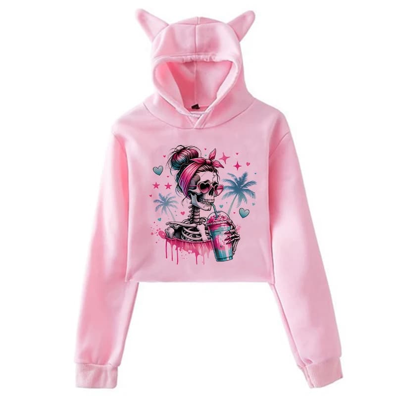 90s Cropped Hoodies Women All Seasons Gothic Y2k Streetwear Clothes Halloween Skull Portrait Skeleton Print Cat Ears Crop Tops