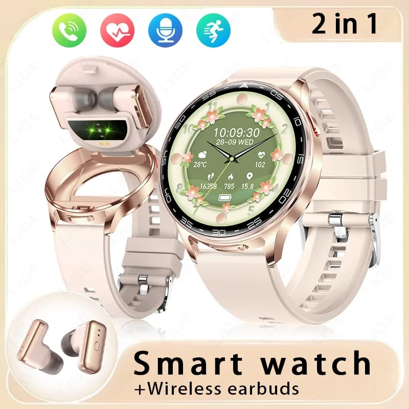 LIGE 2 In 1 TWS Headset Watch 1.39 "Women Sports Fitness Frequency Cardiaca Health Tracker Watches Earphone Music Smartwatch