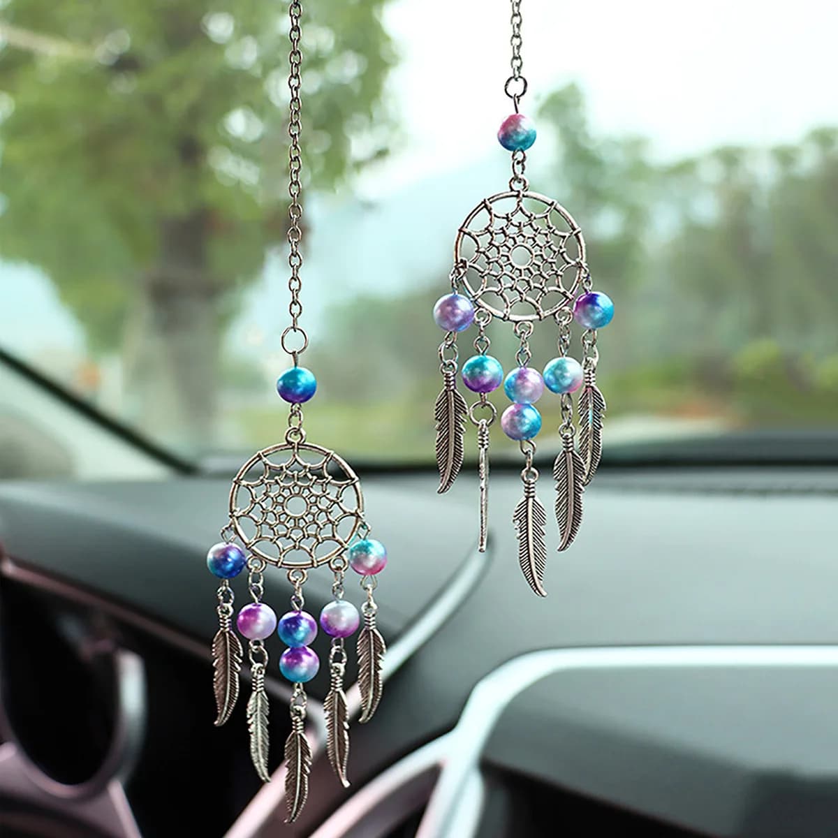 Rear View Mirror Pendant, Butterfly Dream Catcher, Moon Car Interior Pendant, Colorful Bead Wind Chime Car Pendant