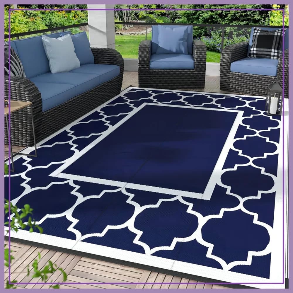 Tappeto da Esterno Impermeabile 8x10, Tappeto Reversibile in Paglia Sintetica per Patio, Campeggio, Camper, Terrazza, Portico, Picnic, Spiaggia, Balcone - Blu e Bianco