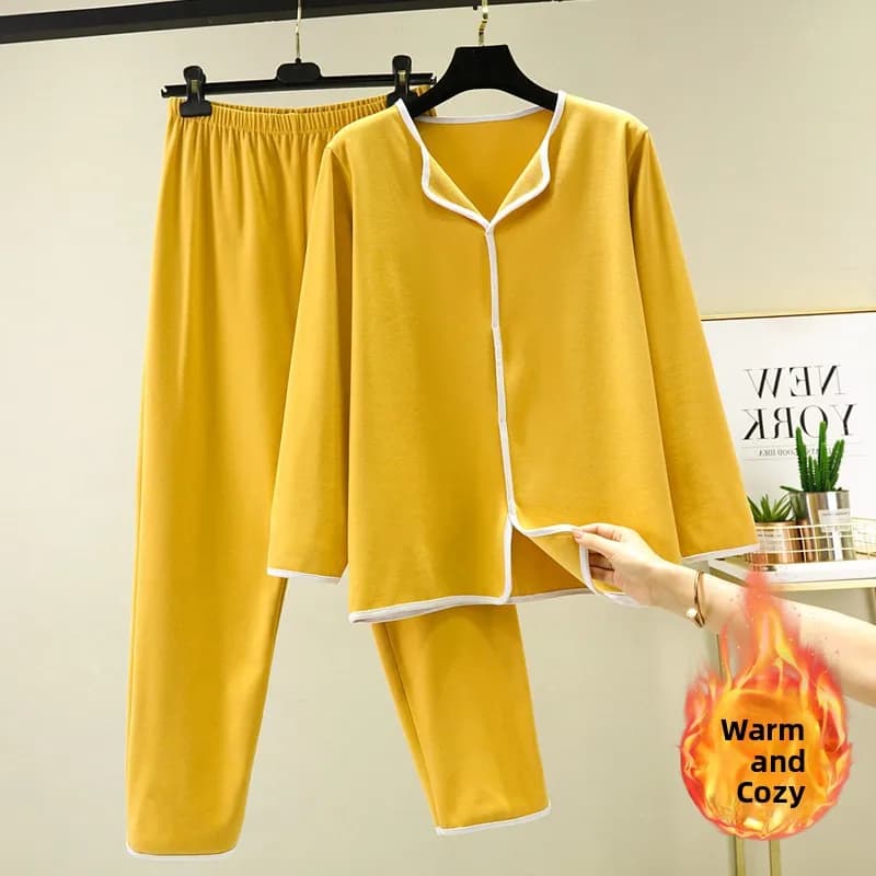 Women's Autumn Winter Thickened Long Sleeve Sleepwear Set Fleece Lined Leisure Home Clothes V-neck Cotton Pajamas Set