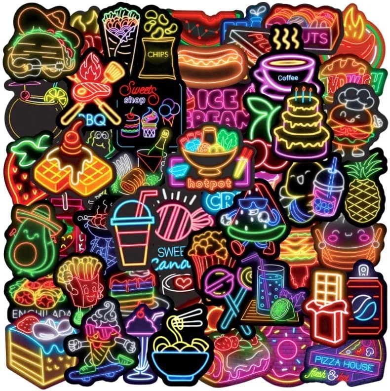 50 Pezzi Adesivi Divertenti e Carini con Cartoni Animati di Cibo al Neon, Decalcomanie Graffiti per Laptop, Valigie, Quaderni, Diari, Decorazioni Cool, Giocattoli per Bambini