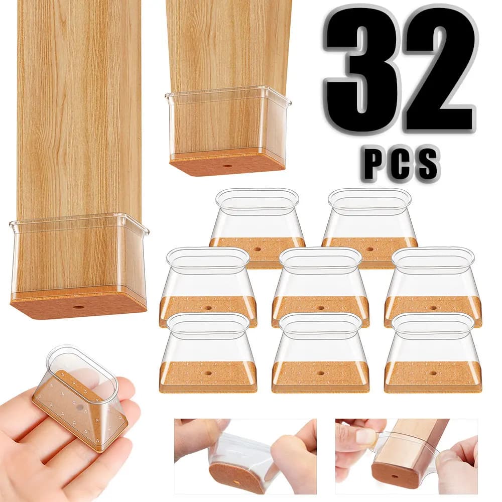 32 Pezzi Protezioni Rettangolari per Gambe di Sedie per Pavimenti in Legno, Cuscinetti in Silicone Trasparente con Feltro, Tappi Antiscivolo e Silenziosi