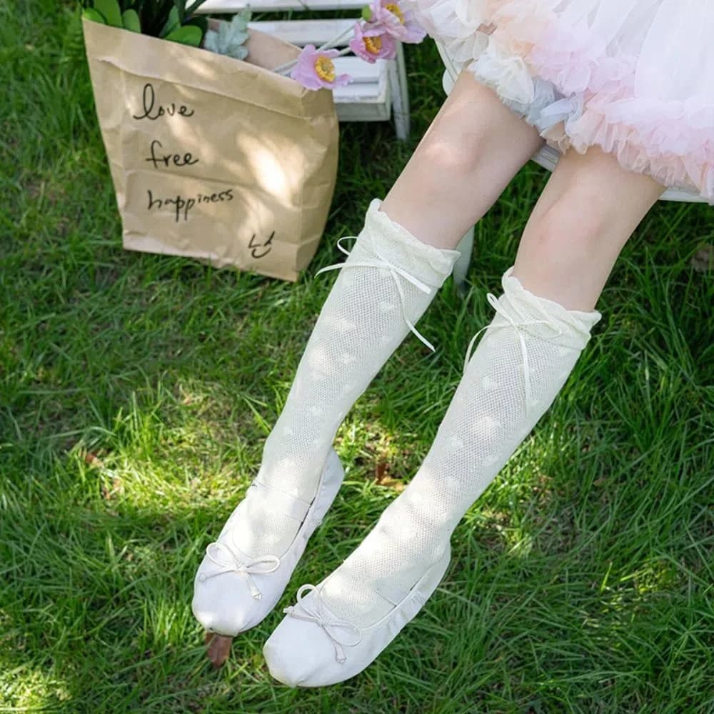 Calze a Mezza Gamba per Bambini, Comode e Dolci, con Fiocco a Nastro da Principessa, in Pizzo Lolita, in Cotone Sottile, Stile Balletcore, per Esterni