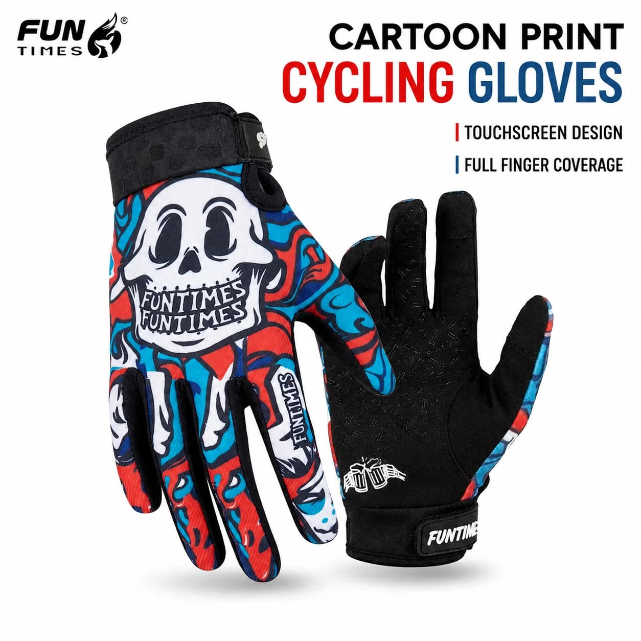 FUNTIMES Cartoon Graphic Cycling Gloves Full Finger Touchscreen Bicycle Gloves for MTB Road Bike Outdoor Sports Riding Men Women
