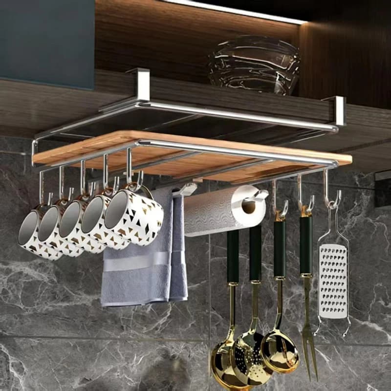 No-Drill 304 Stainless Steel 2-Tier Cabinet Organizer, Multifunctional Rack for Cutting Boards, Towels & Cups, Kitchen Storage