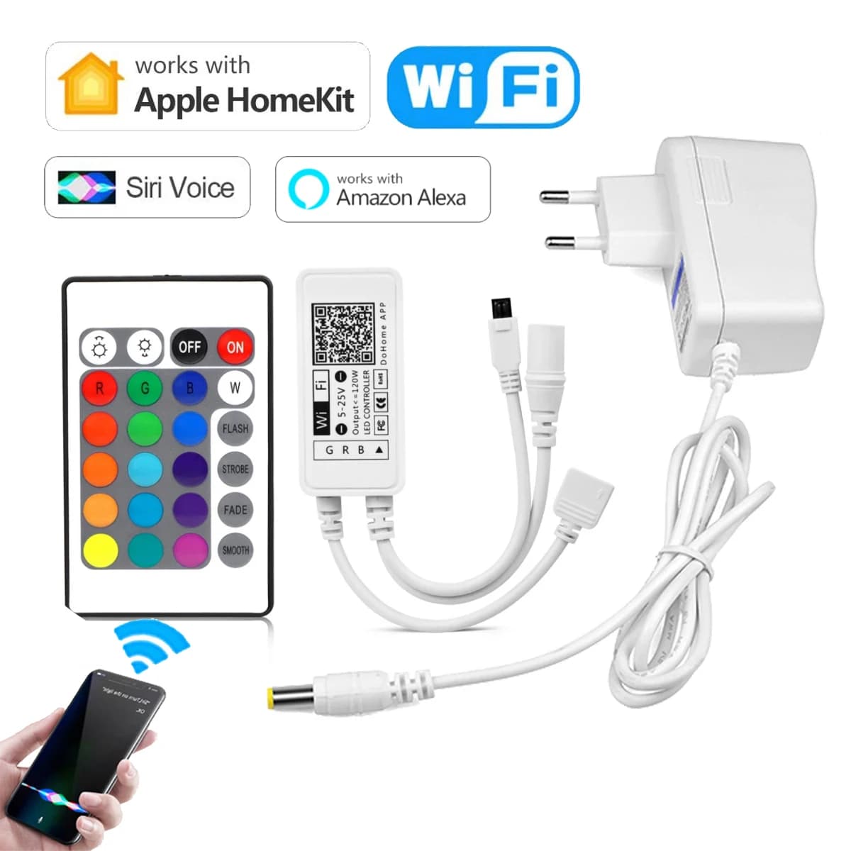 Interruttore WIFI Controller RGB Funziona con Apple Homekit Siri Adattatore di alimentazione per controllo vocale Telecomando IR per striscia LED DC 12V