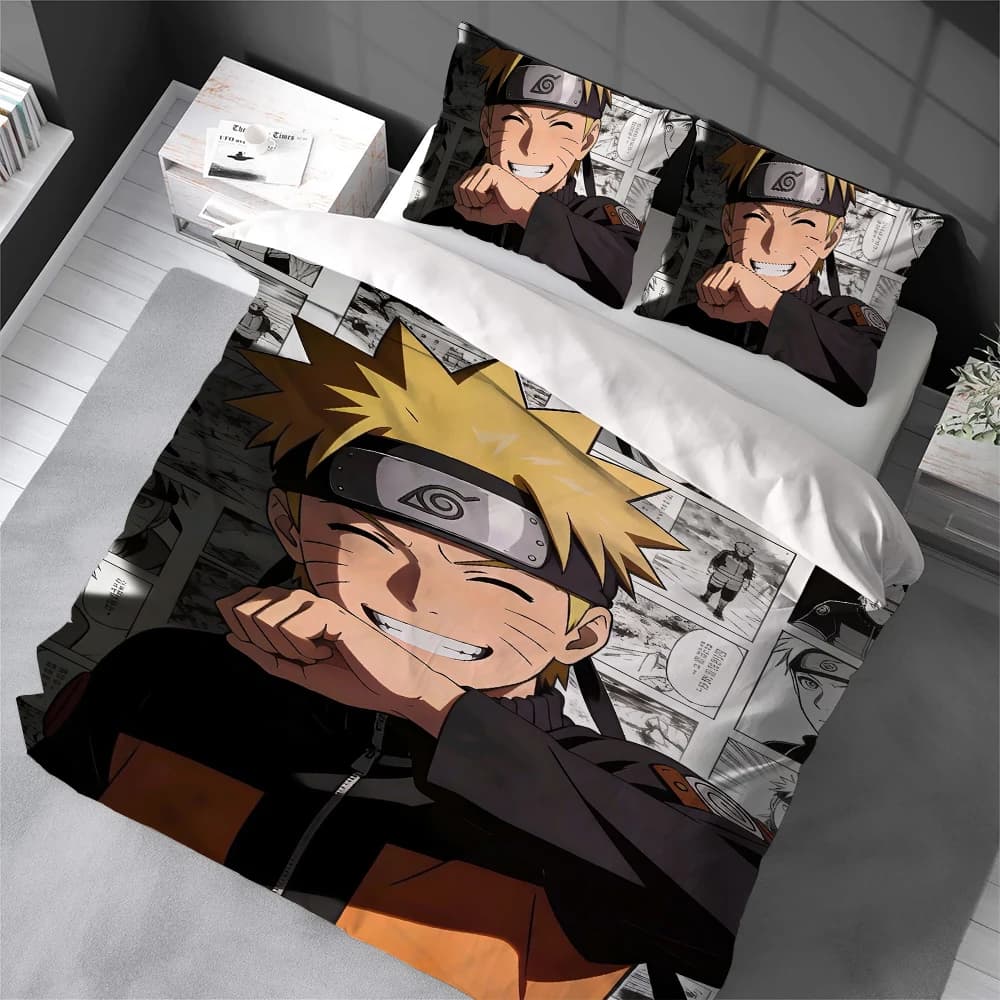 Set Copripiumino Anime N-NARUTOES, Biancheria da Letto Stile Casa, Morbido Cotone, Set 3 Pezzi, Regalo per Dormitorio Studentesco