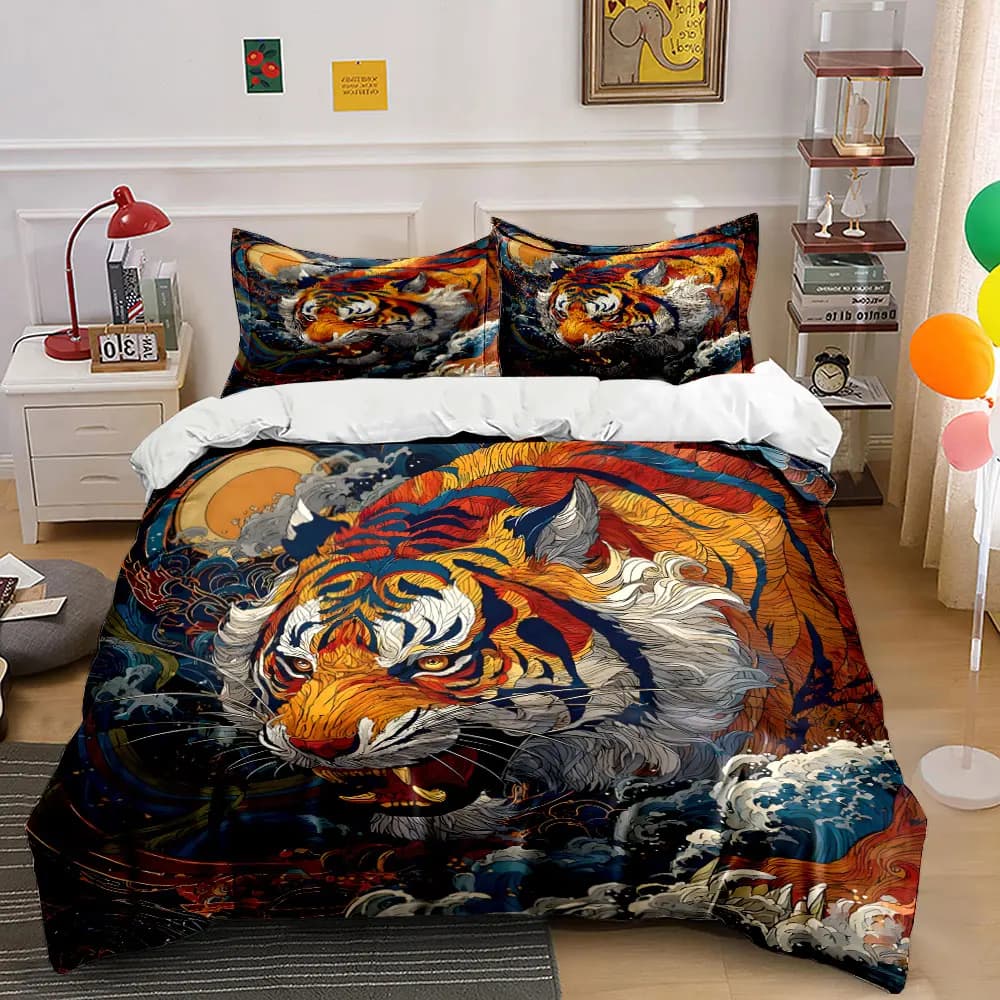 Set copripiumino stampato con tigre ruggente e onde turbolente, 1 copripiumino + 2 federe, decorazione per camera da letto in diverse misure