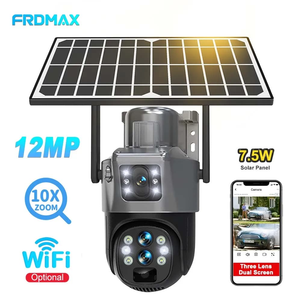 Telecamera solare WiFi 6K 12MP, videosorveglianza PTZ per esterni a doppio schermo con zoom 10X, con pannello solare, protezione di sicurezza per rilevamento umano Telecamera IP da 8 MP, telecamera CCTV intelligente wi
