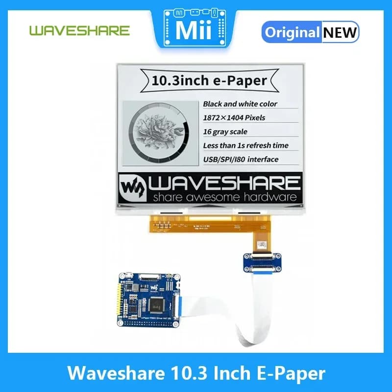 Waveshare Display E-Paper 10.3 inch E-Ink 1872x1404 for Raspberry Pi Black/White 16 Levels USB/SPI/ I