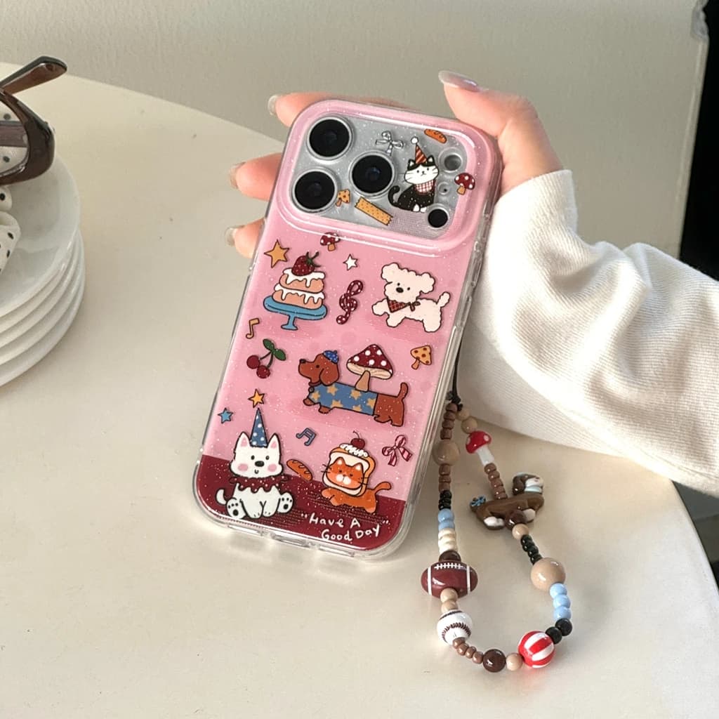 Simpatico gatto rosa bassotto cane torta graffiti con cordino custodia protettiva antiurto per iPhone 17 16 15 14 Pro Max