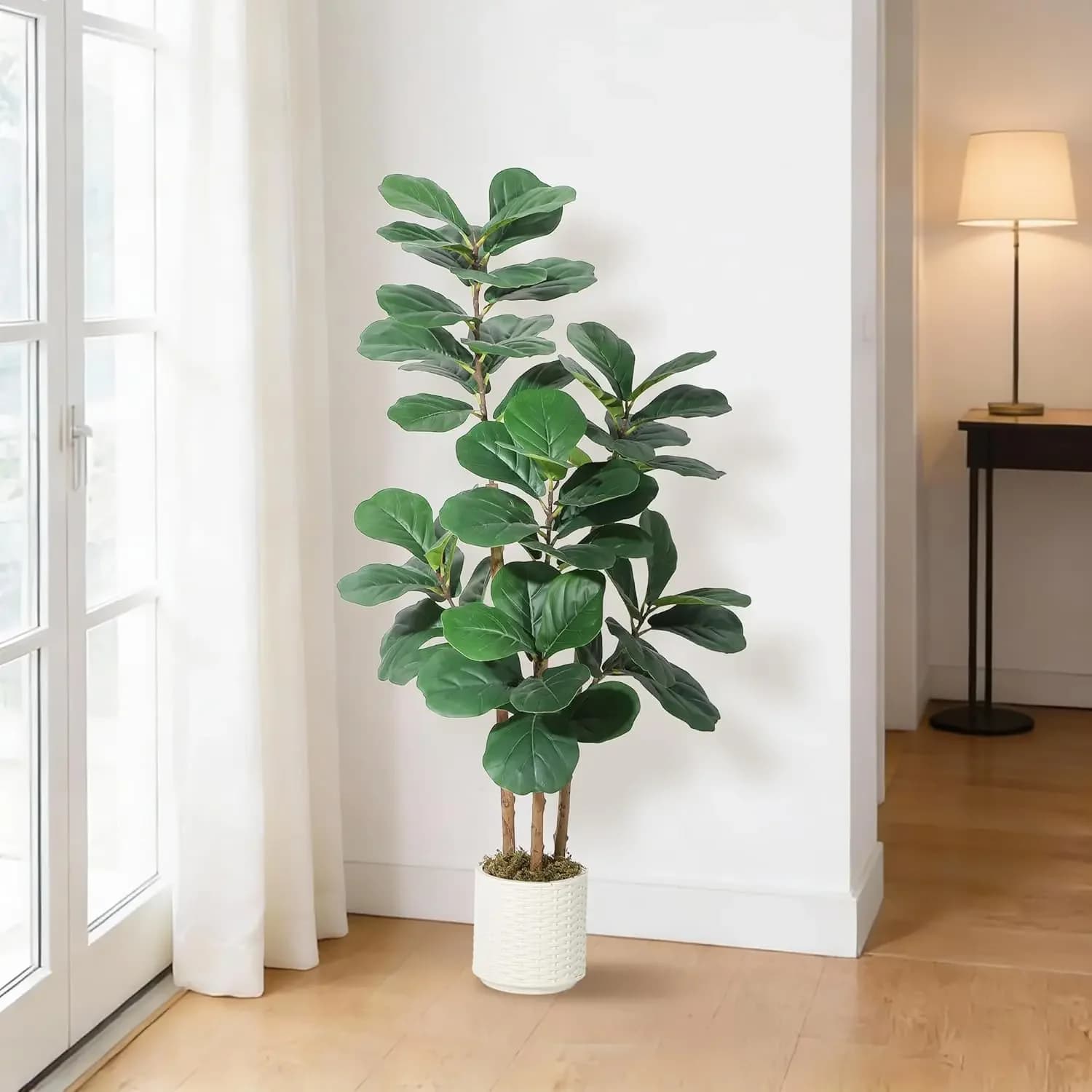 Albero di Ficus Lyrata Artificiale da 1,5 m, Pianta da Interno in Vaso con Tronco in Legno Naturale e Foglie Pieghevoli