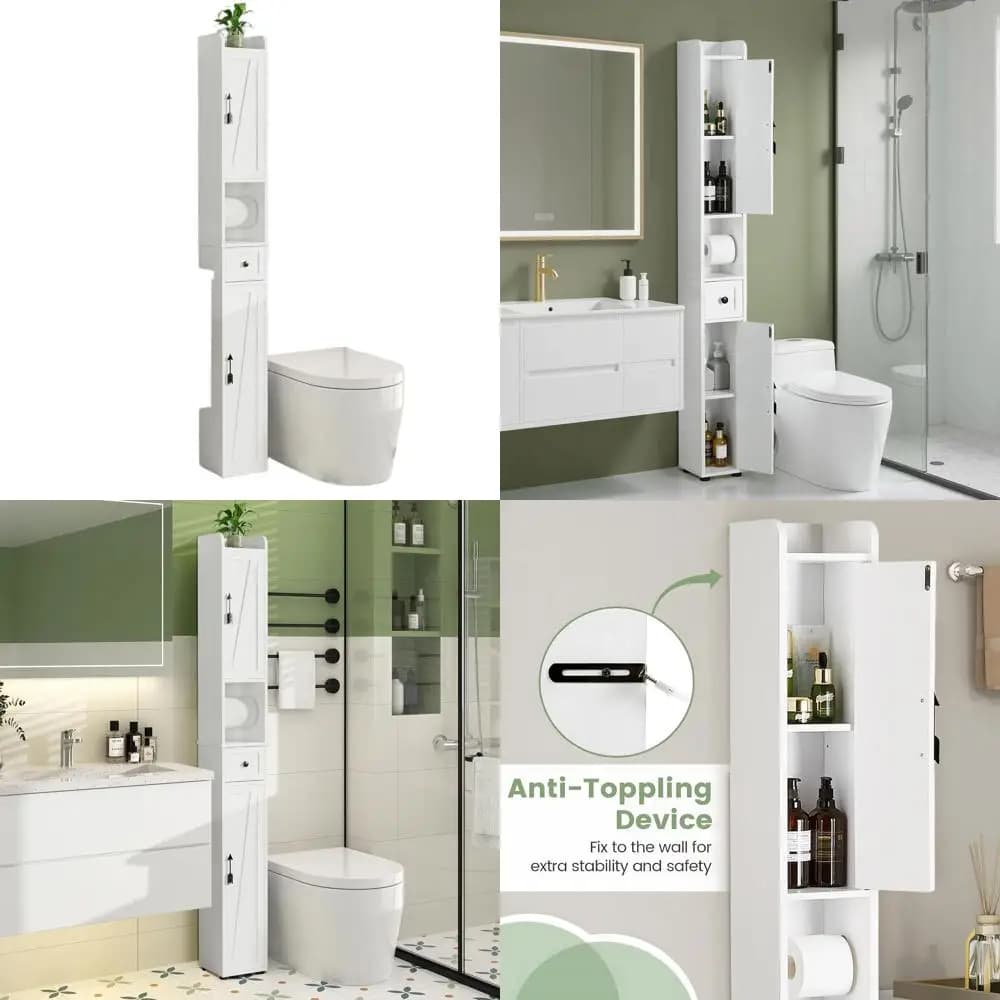 Mobiletto da Bagno Bianco Sottile Alto 67 cm con Ripiani Regolabili, Porta Carta Igienica e Ante Magnetiche