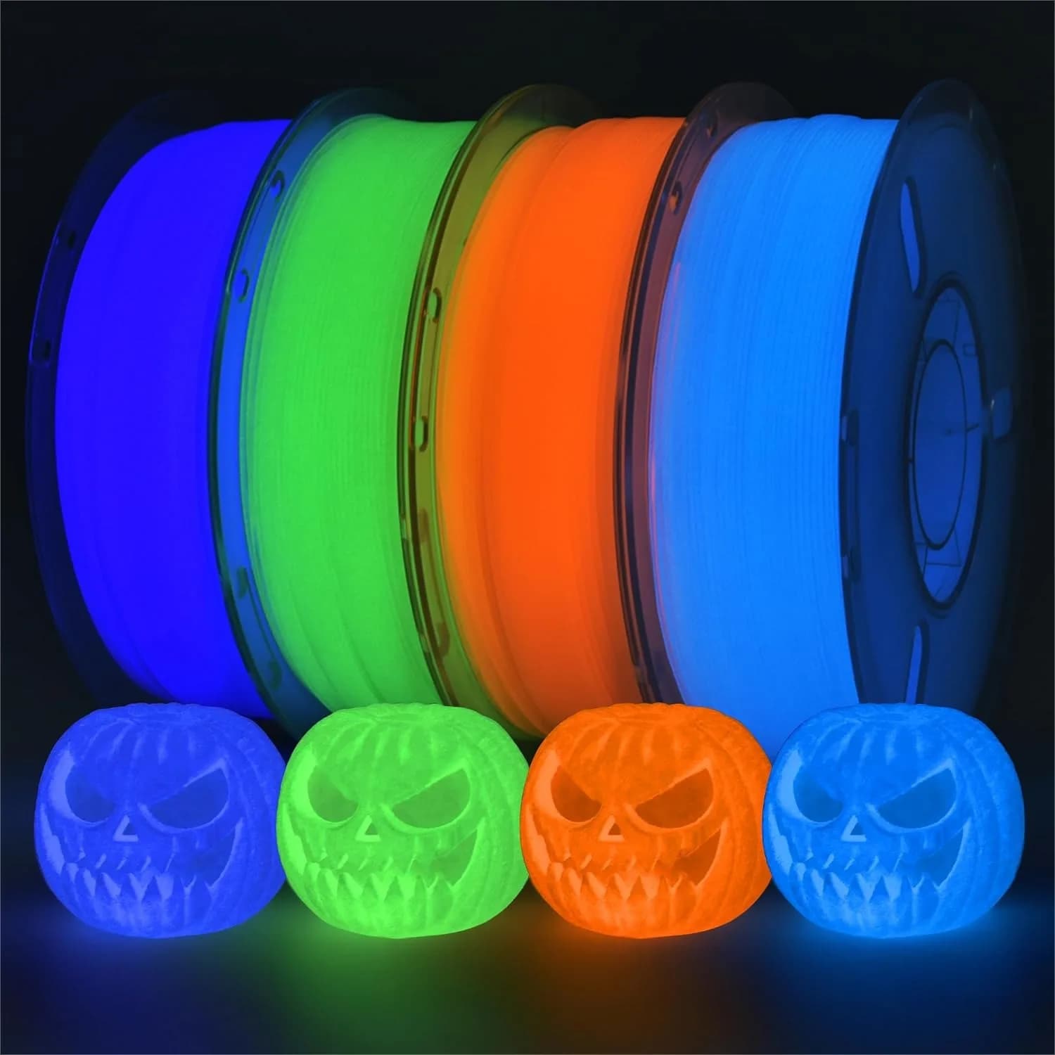 Glow in The Dark 3D Printer Filament Bundle Multicolour Blue Green Purple Orange PLA 1.75mm Luminous, 4 Spools 1kg Each