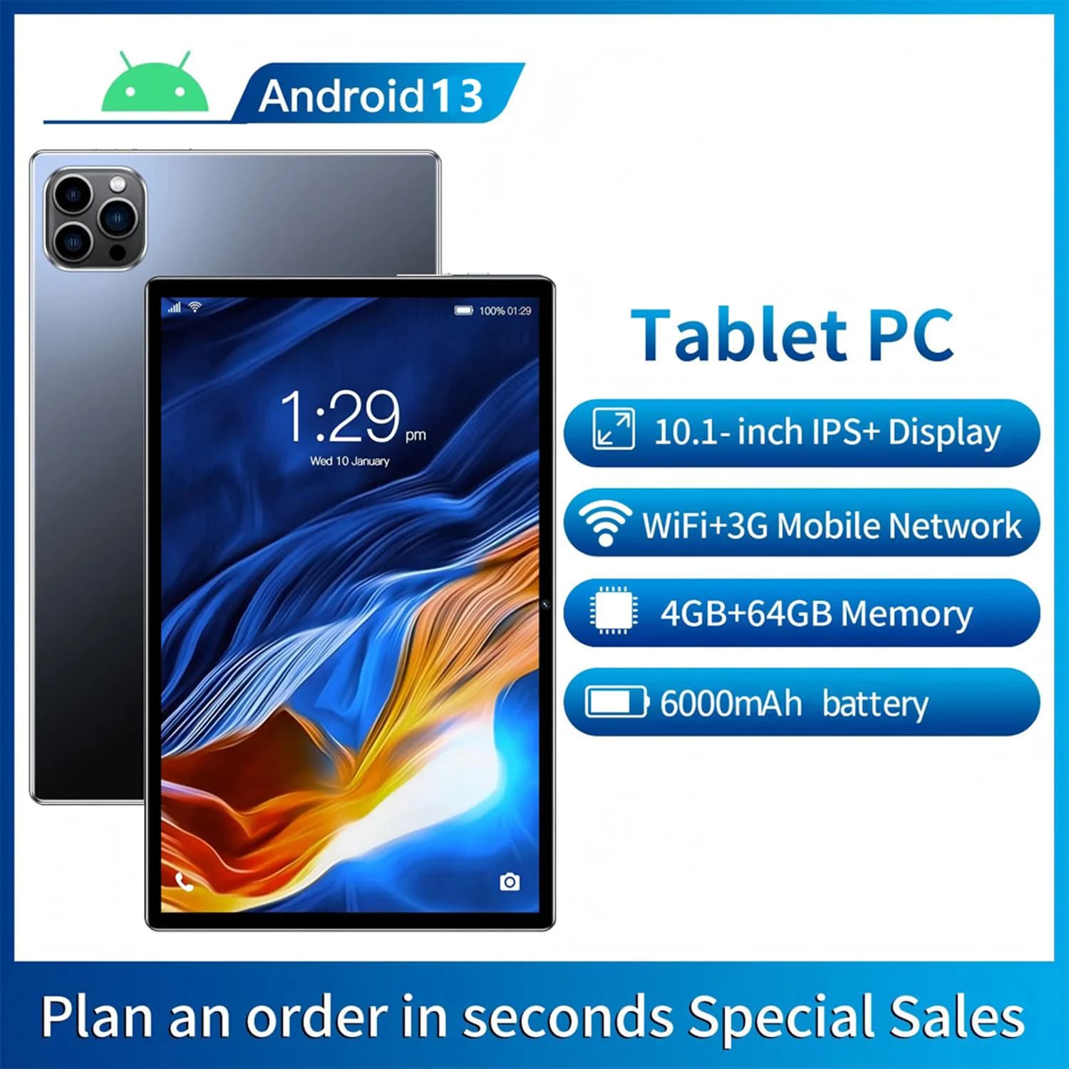 Nuovo Tablet PC da 10,1 pollici, 4GB RAM, 64GB ROM, supporta videochiamate, doppia fotocamera, Google Play, sistema Android 13 Octa Core, batteria da 6000mAh