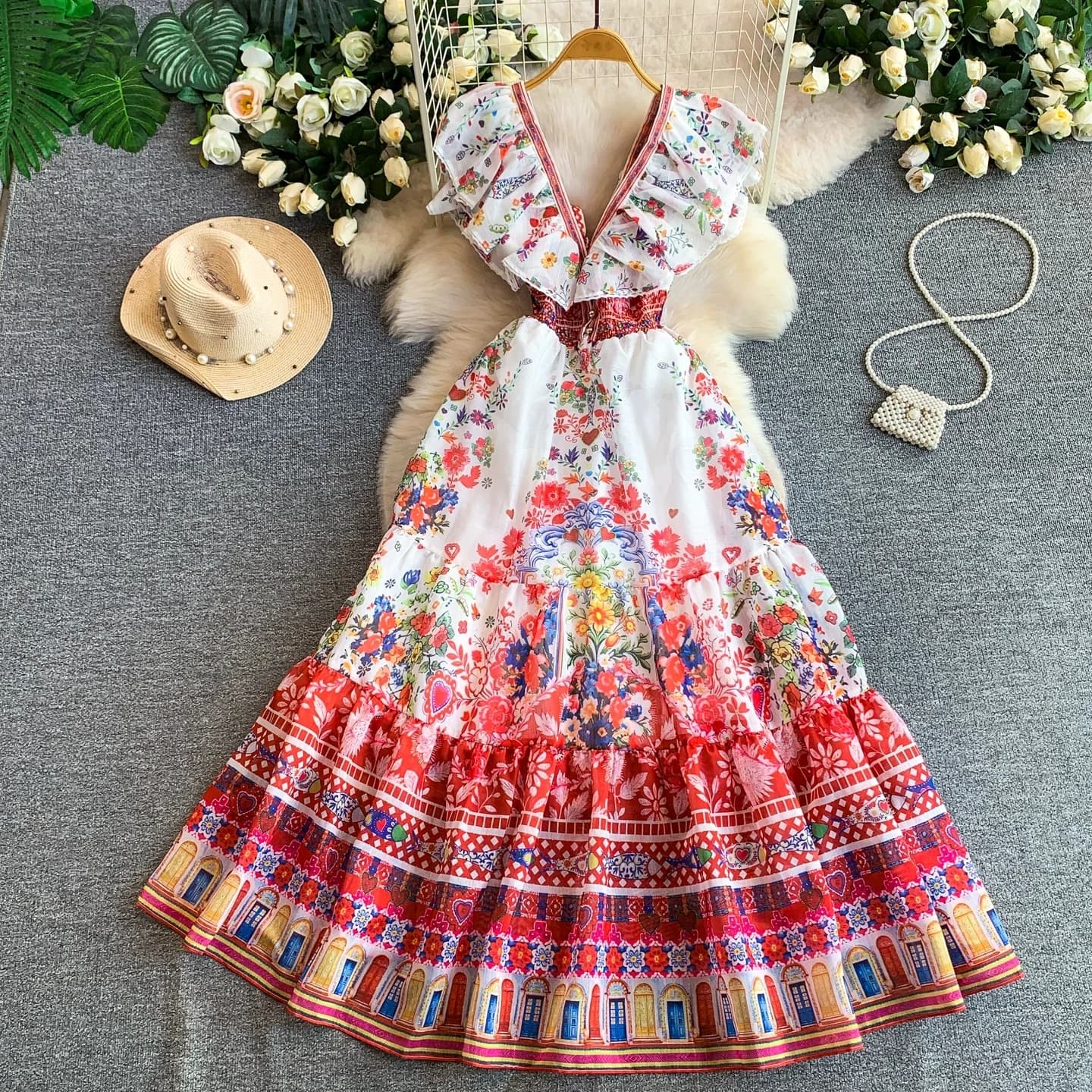 Summer Gorgeous Flower Holiday Dress For Women's Deep V-Neck Ruffle Trims Sleeve Backless Bow High Waist Vacation Long Vestidos