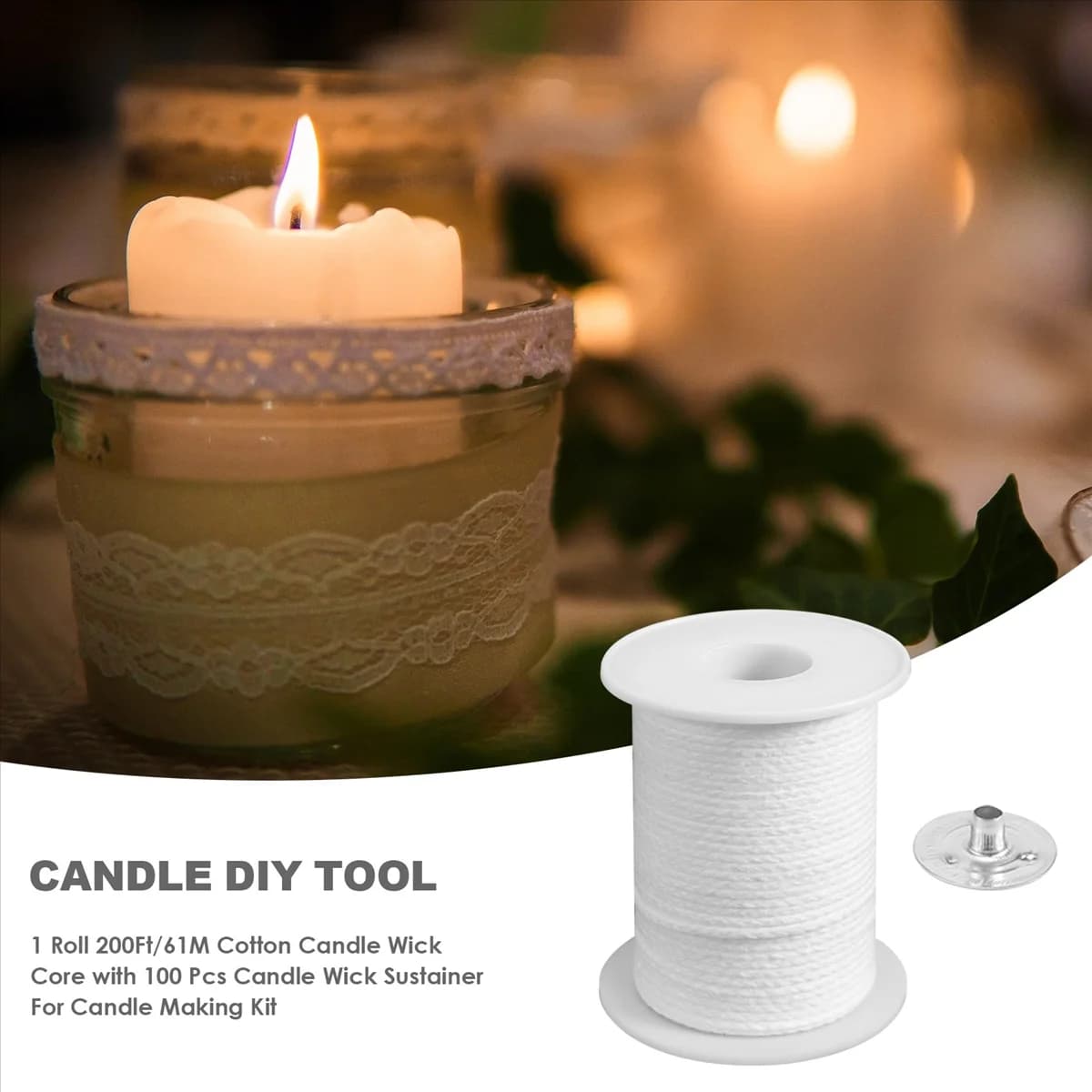 L68ACandle Set di strumenti fai-da-te, 1 rotolo 200Ft/61M Nucleo per stoppino per candela in cotone con 100 pezzi di supporto per stoppino per candela per kit per realizzare candele