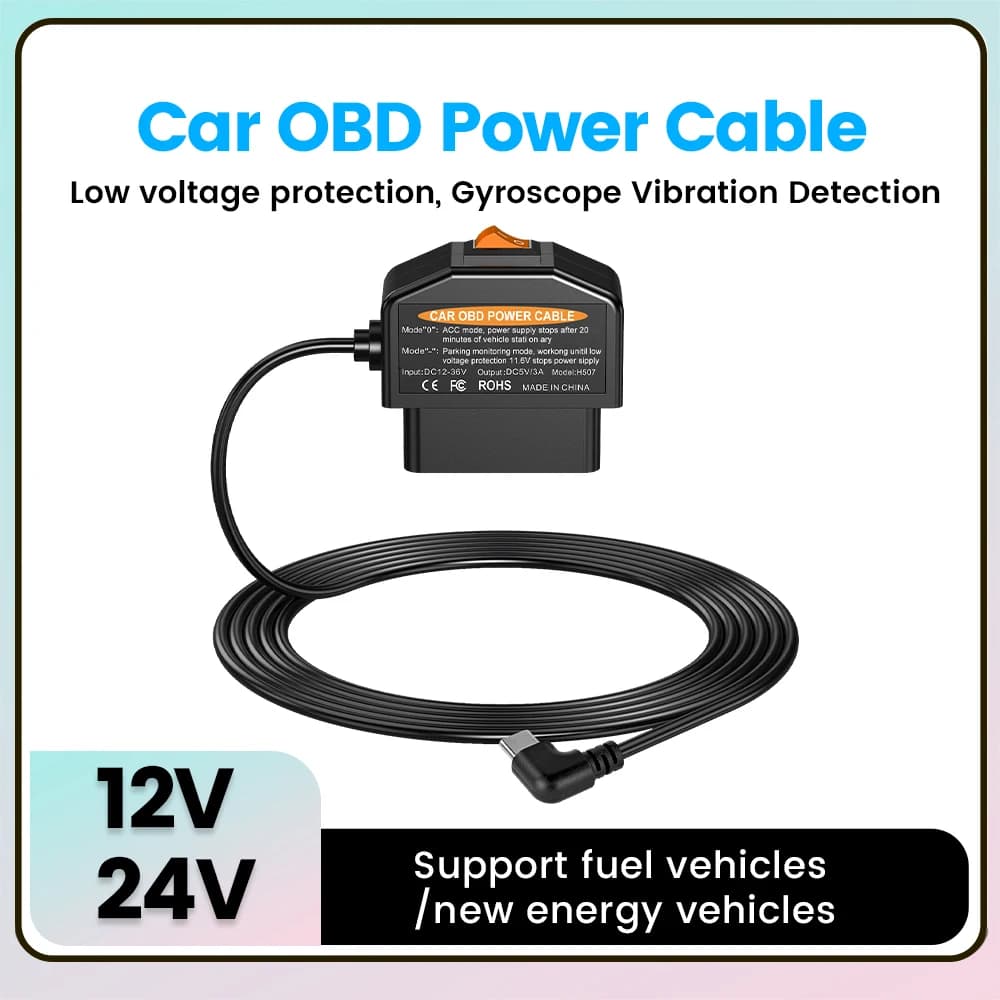 NaviFly Car OBD Power cord length 35MM 24 hours for Dash Cam Camera Vehicle DVR Type-c/MiNi Plug and Play
