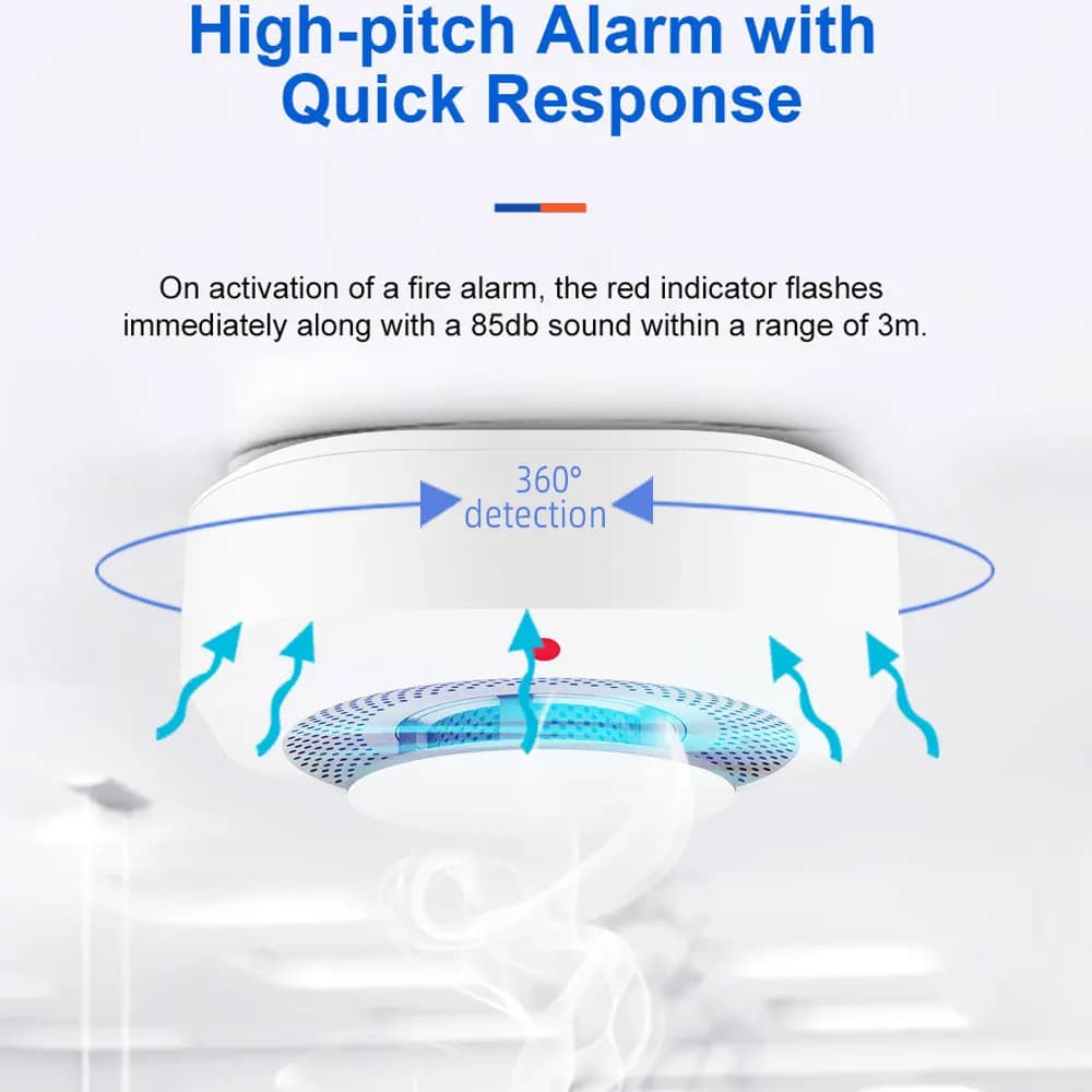 Rilevatore di fumo WiFi Tuya Pulsante di test dell'allarme ad alto volume a batteria Sicurezza del soffitto della camera da letto di casa tramite allarme di fumo dell'APP Smart Life