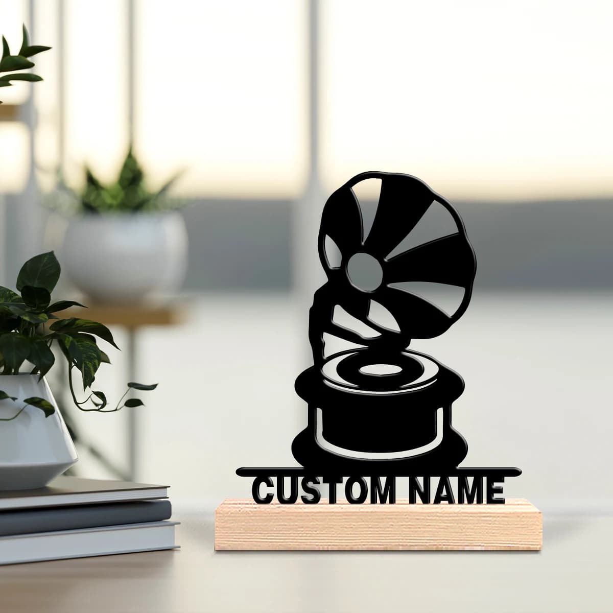 Custom Grammophone Shape Metal Statue with Wood Base, Rustic Modern Style Entrance Table Decoration