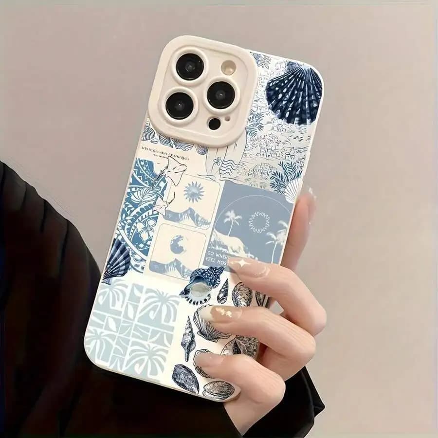 Matte Finish Full Coverage Phone Case With Blue Seashell Pattern For iPhone 15 Pro Max 14 Pro 13 Pro