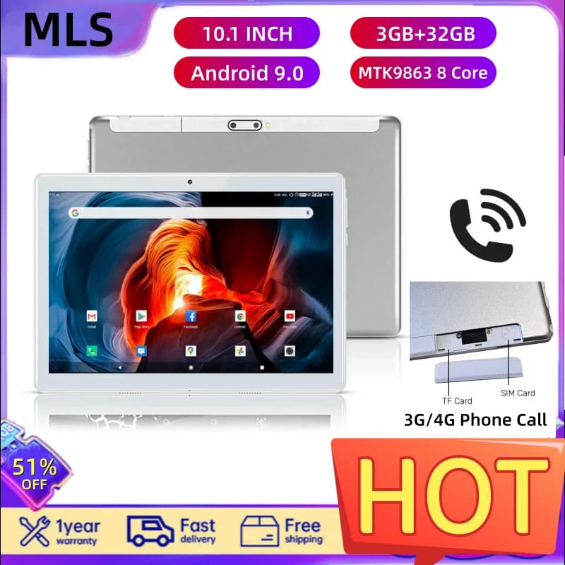 Type-C 10.1 INCH Android 9.0 3G/4G Phone Call Tablet 3GB RAM 32GB ROM 1280*800 IPS MTK9863 Octa Core GSM 5000mAh Sim Cards * 1