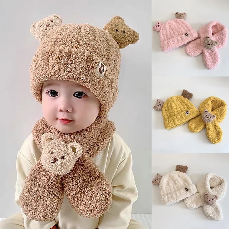 Sciarpa per cappello da bambino per ragazze Ragazzi Set caldo invernale Orso cartone animato Abbigliamento a prova di freddo per bambini Roba per bambini Sciarpa con cappuccio senza tesa