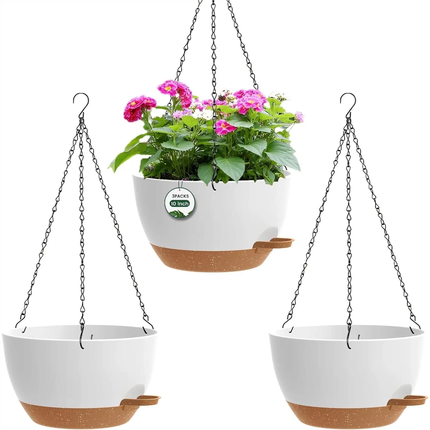 Vasi per Fiori Autoirriganti con Catene per Piante da Interno ed Esterno, Set da 3, Fioriere in Plastica da 30 cm, Bianco-Marrone